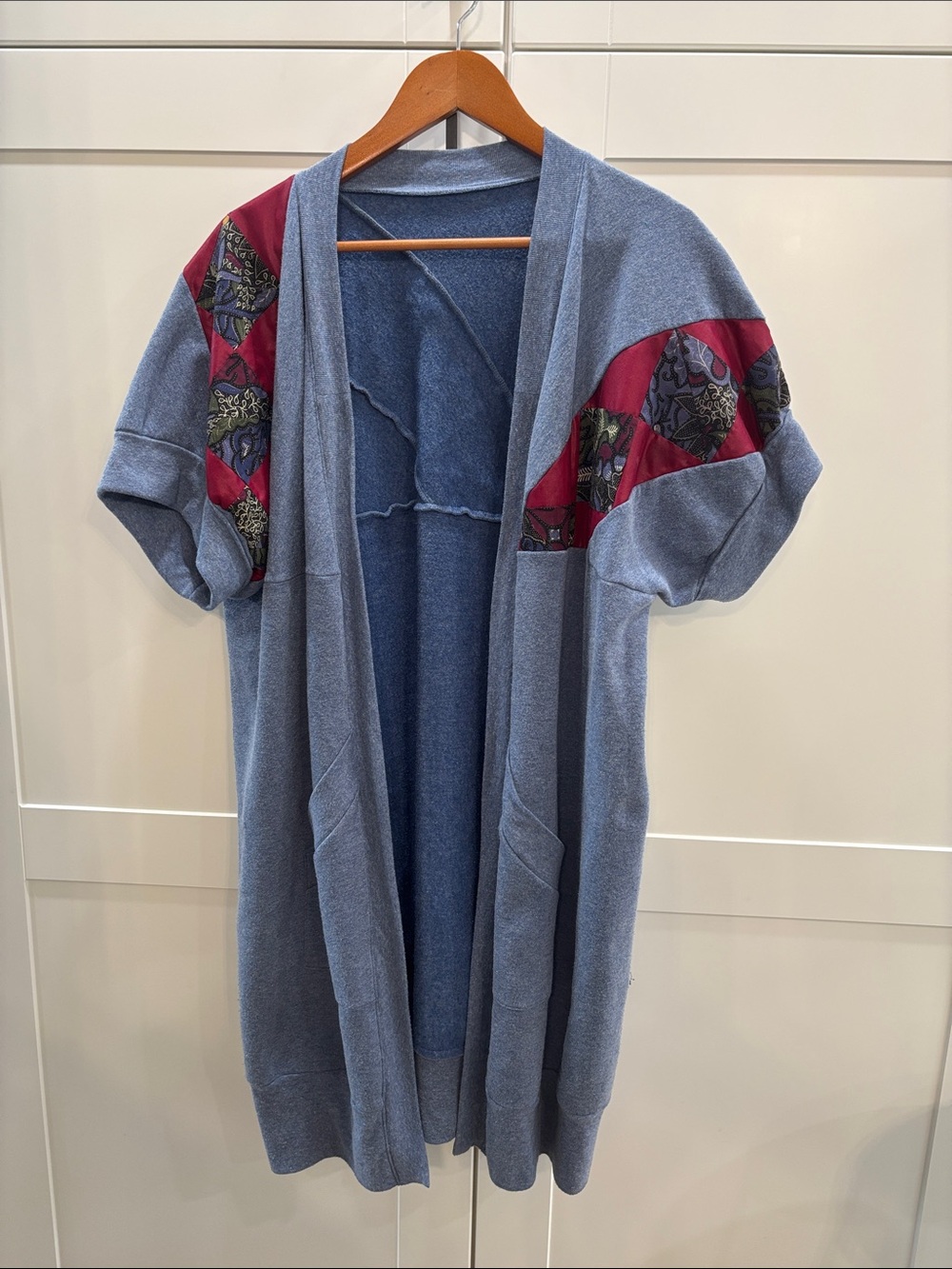Handmade Blue Open-Front Short-Sleeve Cardigan with Burgundy Patch Details